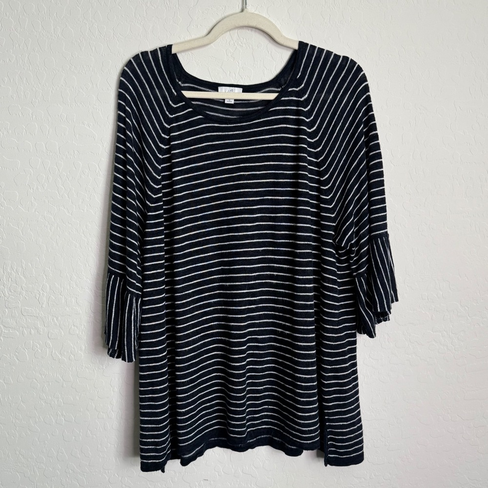 J. Jill Womens 2X Navy Blue White Striped Linen Blend Bell Sleeve Knit Top Boho